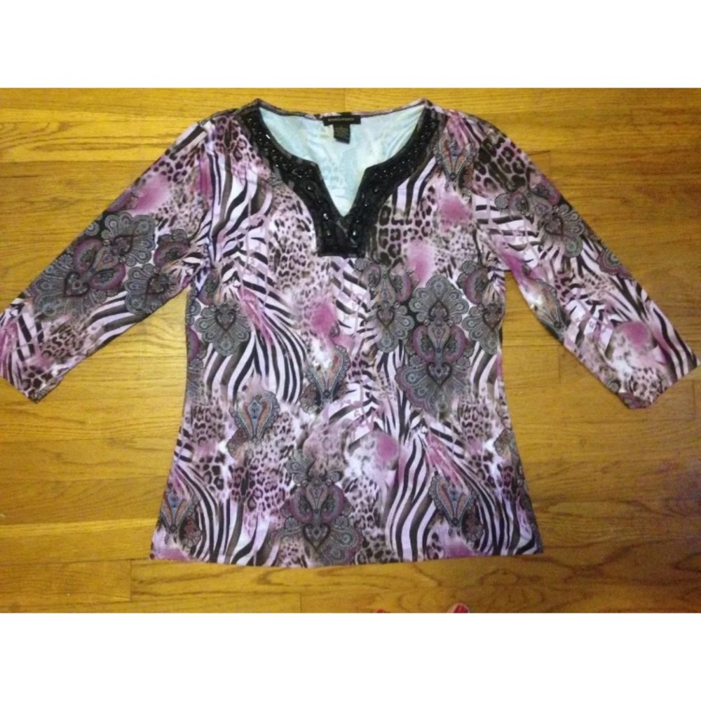 WOMENS ANIMAL PRINT BEADED BLOUSE SUSAN LAWRENCE L